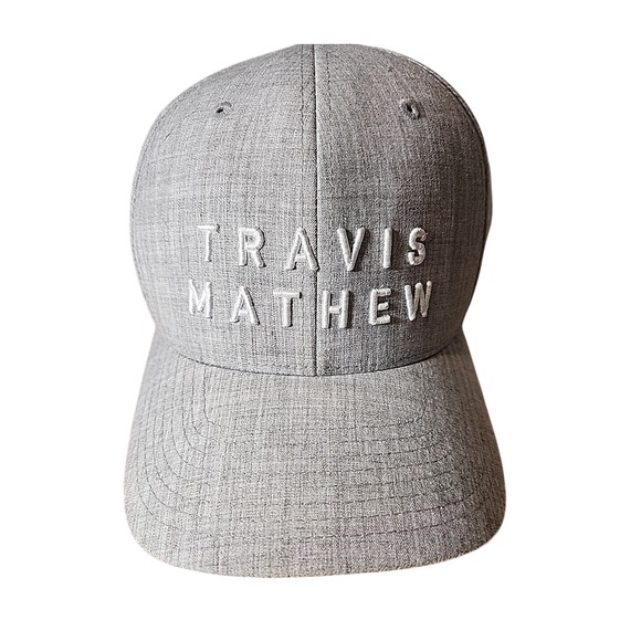 TRAVIS MATHEW Hat Cap Mens Snapback Baseball Adjustable OSFM Gray White Spellout - Picture 1 of 10